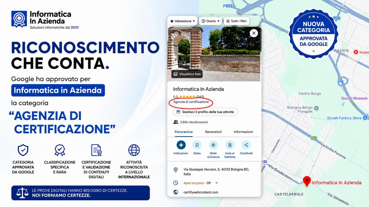 Google classifica Informatica in Azienda come Agenzia di certificazione